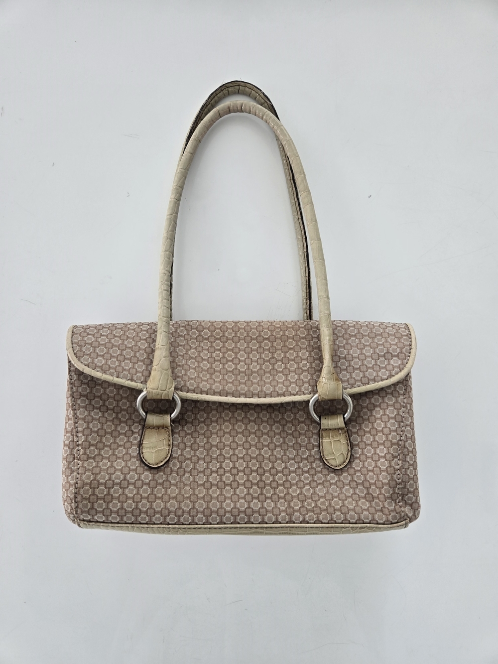 Nine West Brown Monogram Shoulder Bag Faux Croc Trim Early 2000s